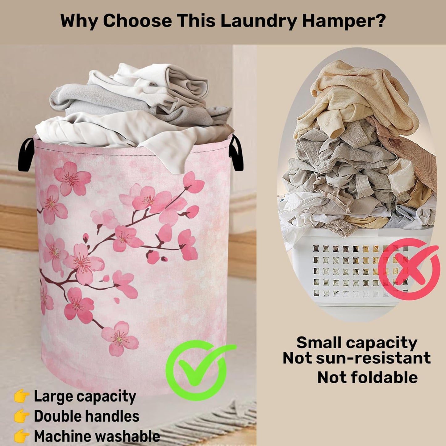 Pink Cherry Blossoms Laundry Basket - Extra Large Foldable Laundry Hamper for Bathroom/Laundry/Bedroom/Dorm, Washable Fabric Storage Bin with Handles