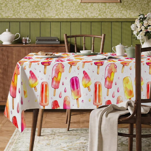 Popsicle Rectangle Table Cloth, Summer Playful Watercolor Drip Summer Peach Polyester Reusable Washable Table Linens Decorations for Kitchen Banquet Camping Party 55x86 Inch