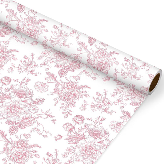 JarThenaAMCS Floral Wrapping Paper Mini Roll 17 In x 32.8 Ft Pink White Flowers Gift Wrap Paper for Birthday Wedding Baby Shower Party Wrapping Supplies