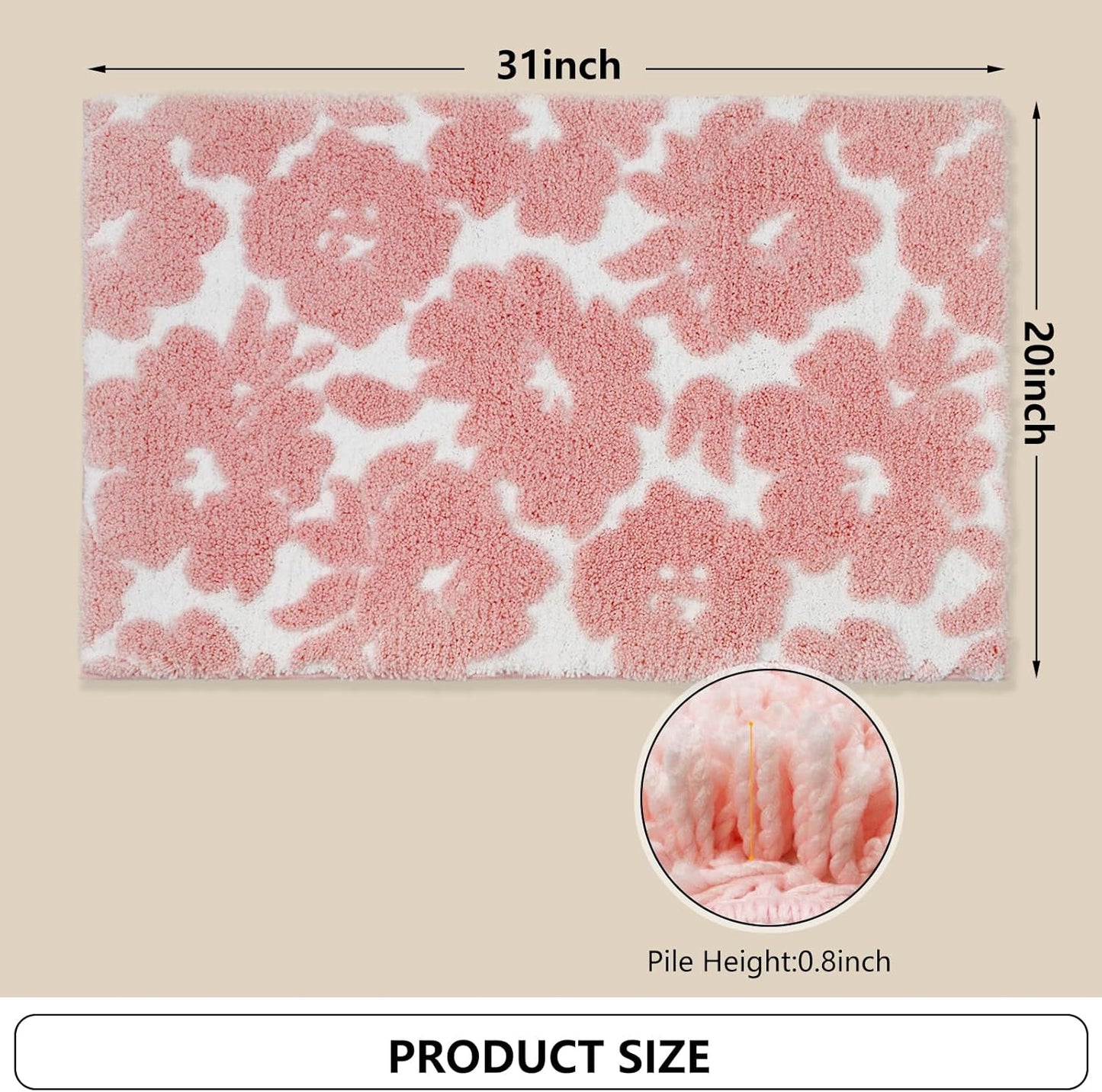 Civkor Pink and White Bathroom Rug, Tufted Flower Bath Mat for Bathroom with Non Slip TPR Backing, Quick Dry Microfiber Surface, Soft and Super Water Absorbent Bath Rug, 31x20Inch