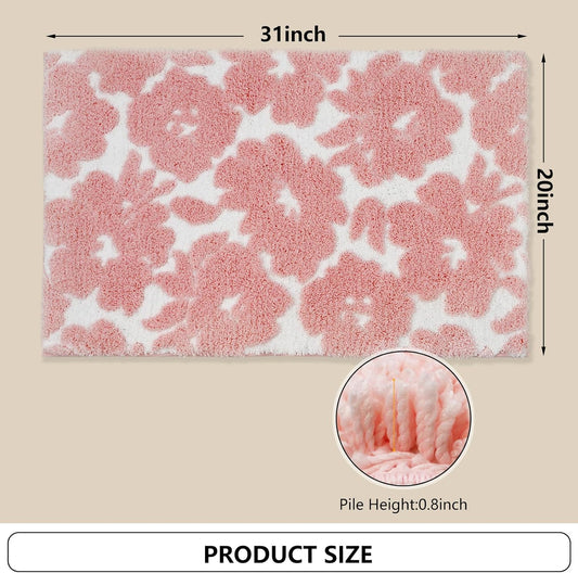 Civkor Pink and White Bathroom Rug, Tufted Flower Bath Mat for Bathroom with Non Slip TPR Backing, Quick Dry Microfiber Surface, Soft and Super Water Absorbent Bath Rug, 31x20Inch