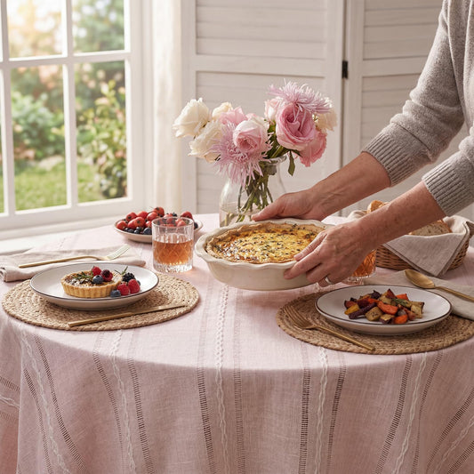 Horaldaily Pink Cotton Blend Tablecloth 60×60 Inch Round, Farmhouse Style, Wrinkle Resistant Washable Table Cloth, Hemstitched Embroidery Table Cover for Home