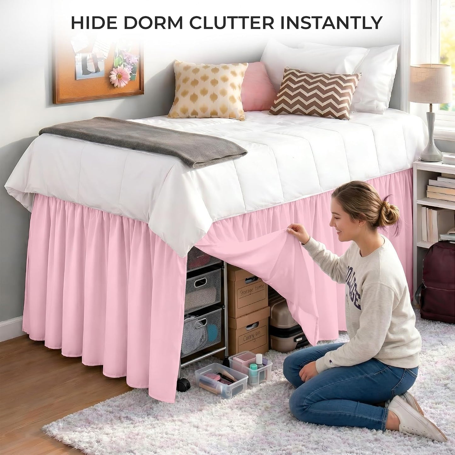 SGI bedding Dorm Bed Skirt Twin XL 42 Inch Drop Length - Pink, Ruffled Pattern College Dorm Room Bed Skirts - Split Corner, Easy Care, Wrinkle Free 1800 Series Microfiber Bed Skirt