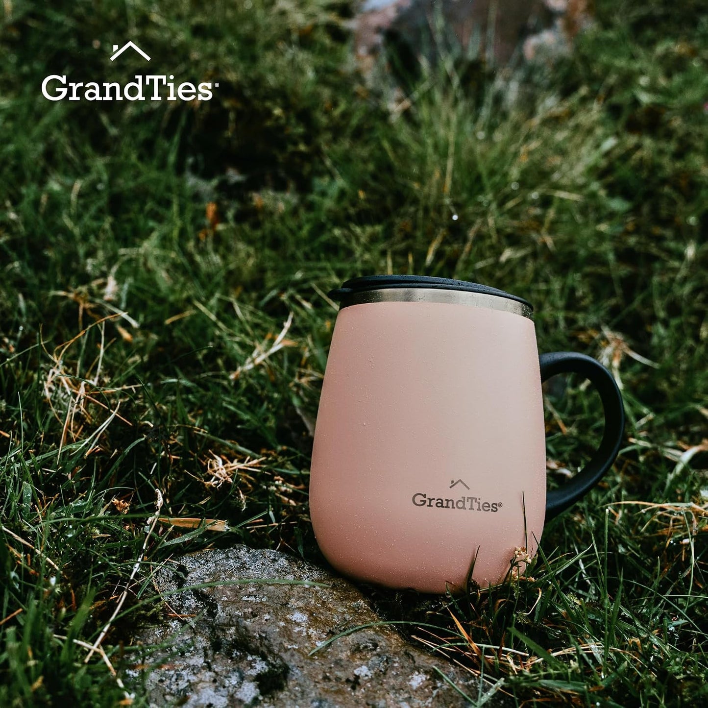 GRANDTIES Insulated Coffee Mug with Handle - Sliding Lid for Splash-Proof 16 oz Wine-Glass Shape Thermal Tumbler with Double Walled Vacuum Stainless Steel to Keeps Beverages Hot or Cold (Peach Crème)