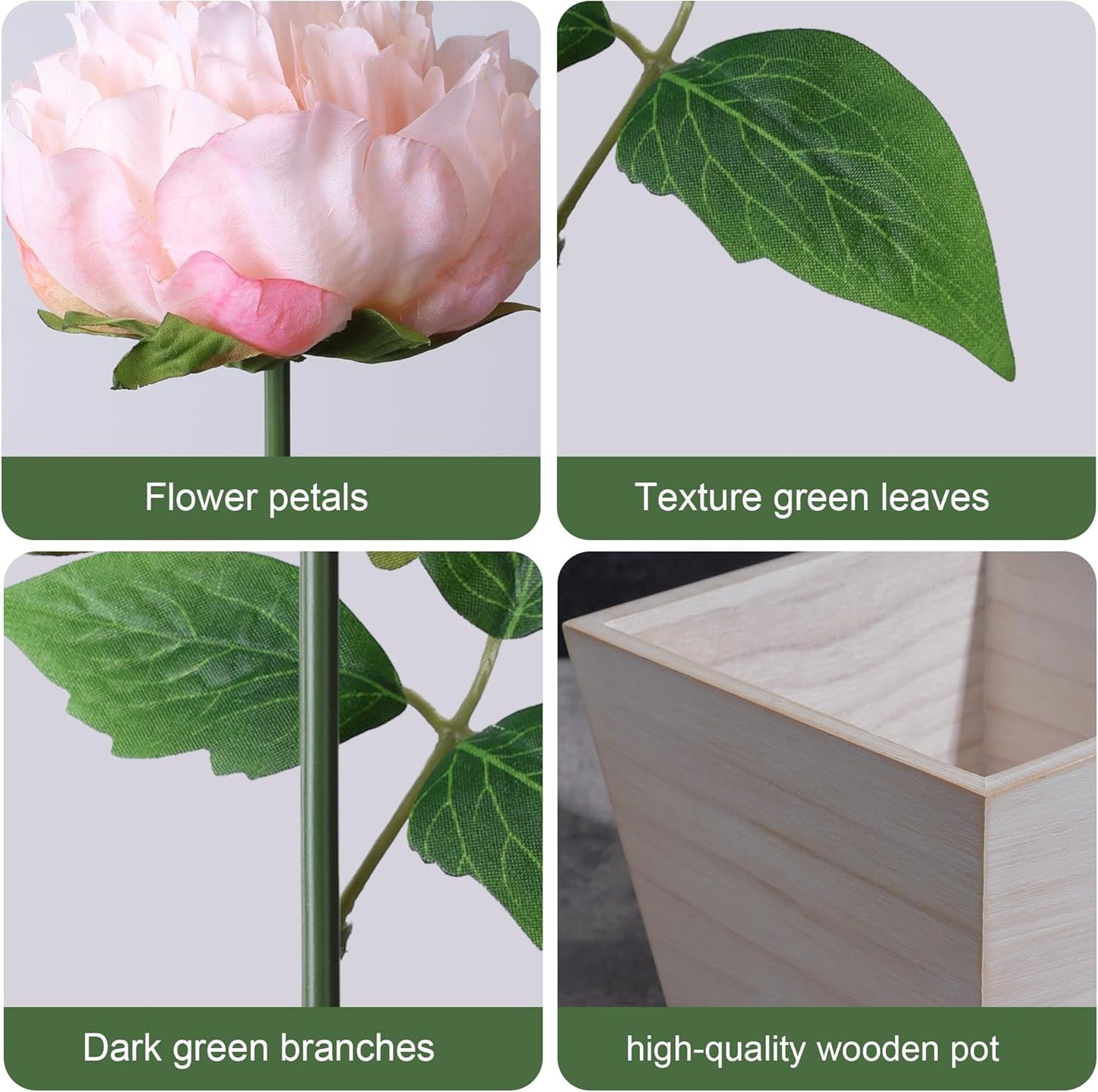 Artificial Hydrangea Flowers Arrangement in Wood Planter, 4PCS Fake Flowers in Wooden Vase Potted Floral Centerpieces for Tables Living Room Home Office Kitchen Decor (Light Pink Peony)