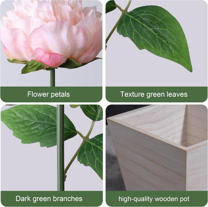 Artificial Hydrangea Flowers Arrangement in Wood Planter, 4PCS Fake Flowers in Wooden Vase Potted Floral Centerpieces for Tables Living Room Home Office Kitchen Decor (Light Pink Peony)