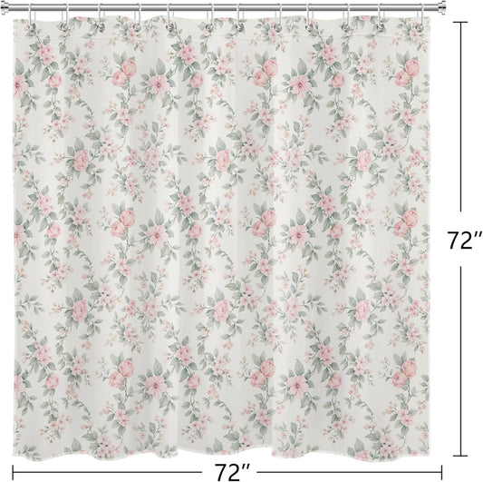 Pink and Sage Green Floral Shower Curtain, Vintage Farmhouse Flower Shower Curtains for Bathroom, Cottage Bathroom Decor 72Wx72H