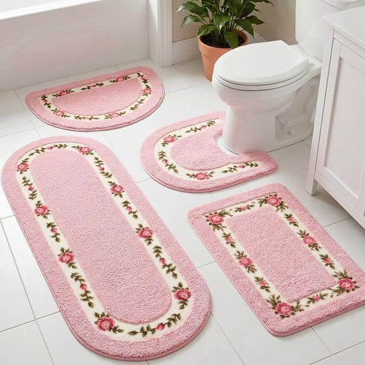 Timgle 4 Pcs Rose Flowers Coquette Bathroom Rugs Set Coquette Doom Decor Rose Flower Area Rugs Non Slip Absorbent Washable Door Mat Floral Bathroom Carpet for Home Hotel, 4 Shapes(Pink)
