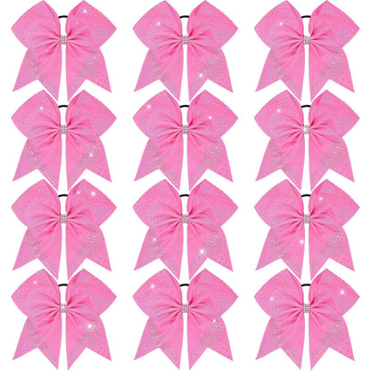 Oaoleer 12PCS Glitter Cheer Hair Bows for Cheerleading, 7inch Large Jumbo Cheer Bow with Ponytail Holder for Teen Girls Softball Cheerleader (Pink)
