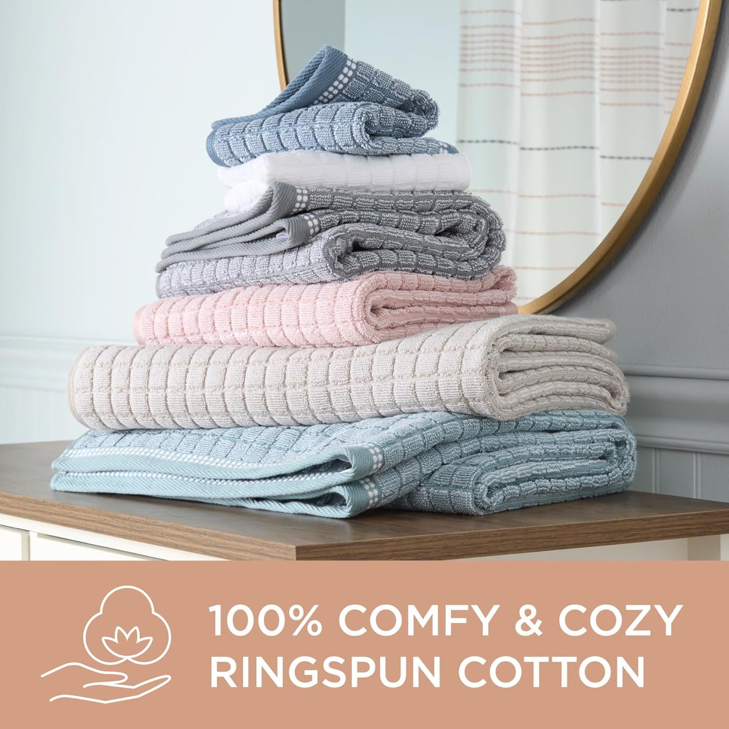 TOWN & COUNTRY EVERYDAY 6-Piece Textured Windowpane Set, 2-Bath Towels, 2-Hand Towels, 2-Washcloths, 100% Cotton, Plush & Absorbent 550GSM, Blush