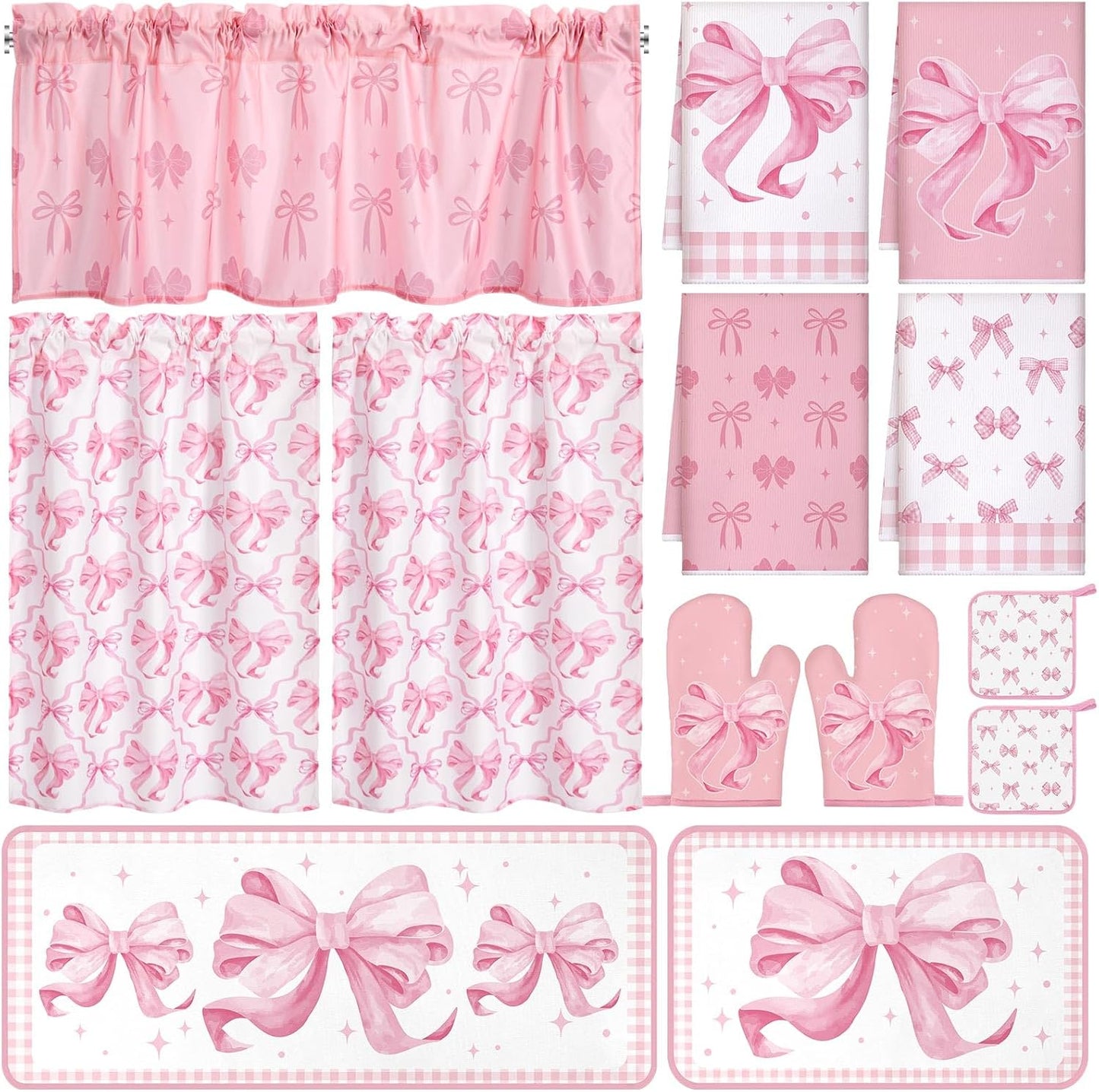 Fourluoo 13 Pcs Pink Bow Kitchen Decor Set 4 Coquette Kitchen Towels 2 Cute Nonslip Rugs and Mats 3 Pink Curtains Valance 2 Pot Holders 2 Oven Mitt for Home Decoration Mom Cooking Grilling Baking Gift