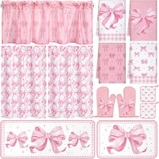 Fourluoo 13 Pcs Pink Bow Kitchen Decor Set 4 Coquette Kitchen Towels 2 Cute Nonslip Rugs and Mats 3 Pink Curtains Valance 2 Pot Holders 2 Oven Mitt for Home Decoration Mom Cooking Grilling Baking Gift