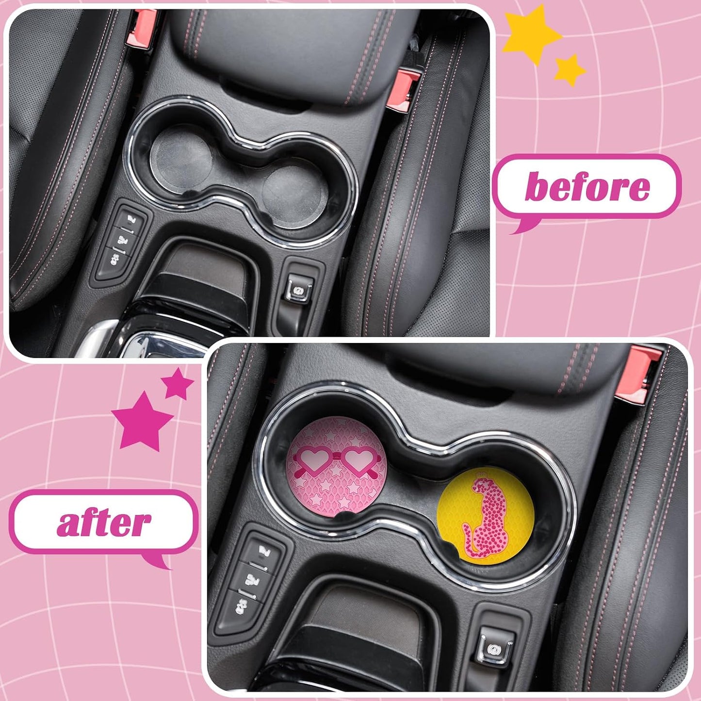 Lallisa 8 Pcs Pink Car Coasters Preppy Cup Holder Coasters Preppy Car Accessories Pink Leopard Smile Face Cup Holder Anti Slip Heat Silicone Mugs Mat for Woman Auto Home Office Table 2.8''