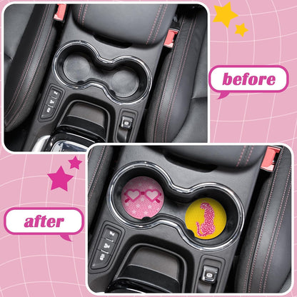 Lallisa 8 Pcs Pink Car Coasters Preppy Cup Holder Coasters Preppy Car Accessories Pink Leopard Smile Face Cup Holder Anti Slip Heat Silicone Mugs Mat for Woman Auto Home Office Table 2.8''