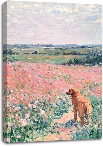 SIXWOOD Cute Dog in Spring Pink Wildflower Field Canvas Wall Art Painting, Pastel Landscape with Golden Retriever Picture Wall Decor for Living Room Girls Room, 16x24in Framed Ready to Hang Art Print