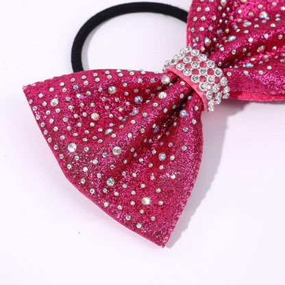 VOBOBE 16PCS Glitter Cheer Hair Bows for Cheerleading, Pink Sparkle Rhinestone Cheer Bow with Ponytail Holder Elastic Hair Ties for Teen Girls Cheerleader (Pink)