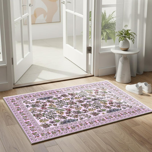 Vintage Floral Entryway Rug 2X3 Small Area Rugs Washable Door Mat Soft Low Pile Non-Slip Kitchen Rugs Stain Resistant Indoor Throw Rug for Entrance, Bedroom, Kitchen, Laundry, Bathroom Pink