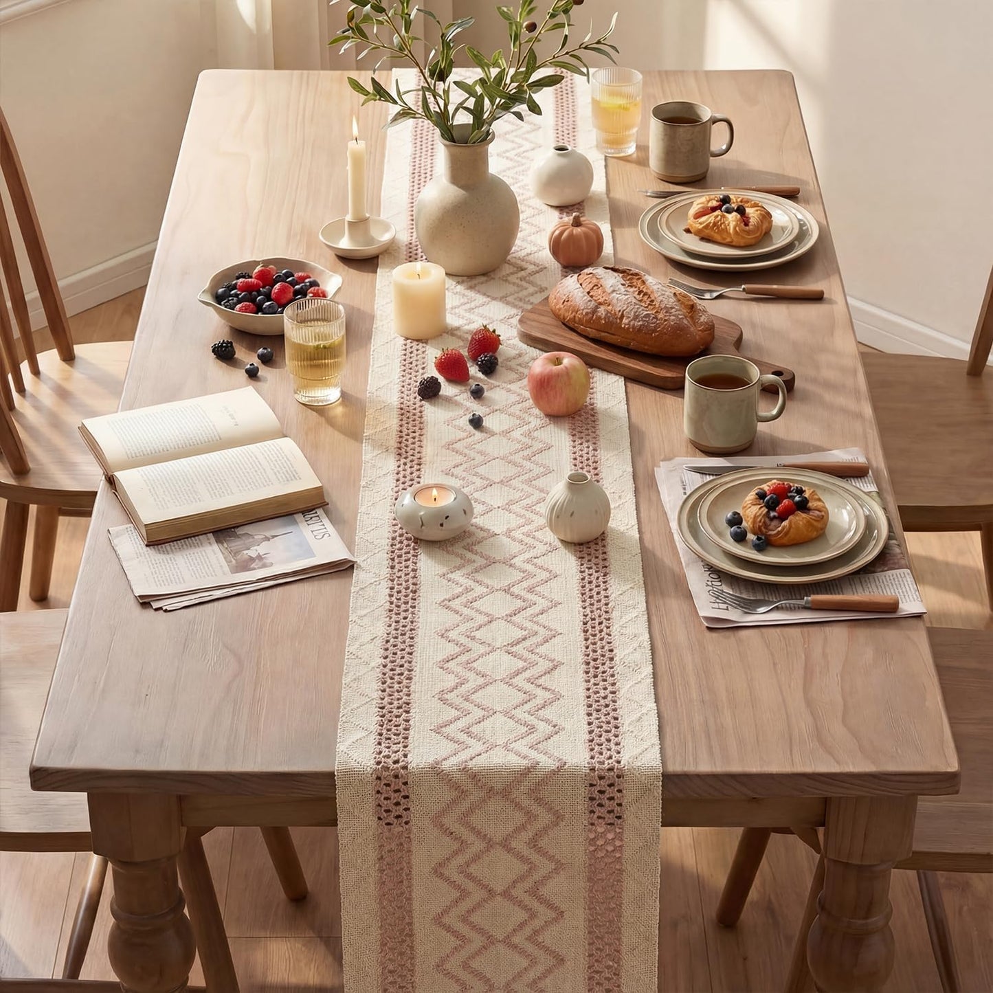 Artoid Mode Pink Stripe Diamond Pattern Woven Table Runner, Seasonal Holiday Hollow Kitchen Dining Table Decoration for Home Party Decor 12x72 Inch