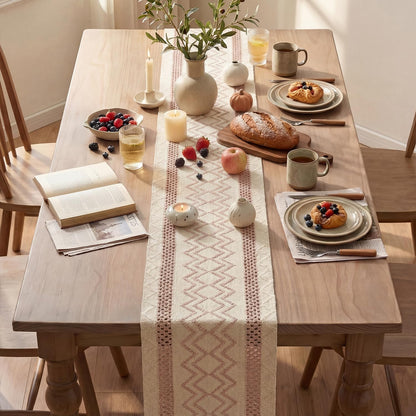 Artoid Mode Pink Stripe Diamond Pattern Woven Table Runner, Seasonal Holiday Hollow Kitchen Dining Table Decoration for Home Party Decor 12x72 Inch