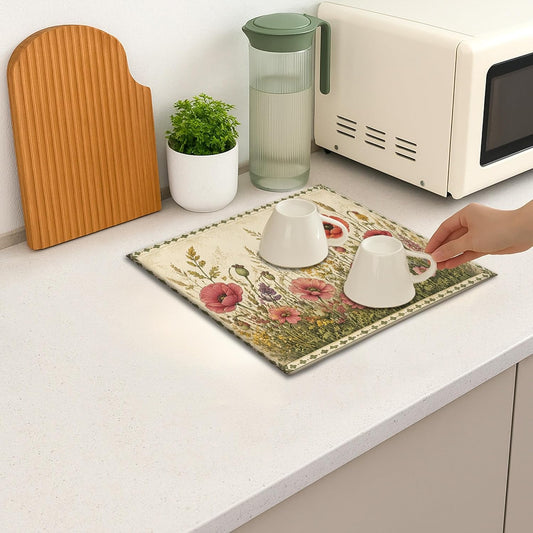 Floral Dish Drying Mats for Kitchen Counter, Vintage Peach Absorbent Dish Drainer Mat, Spring Garden Microfiber Drying Pad for Coffee Bar Protector 16x18 Inch