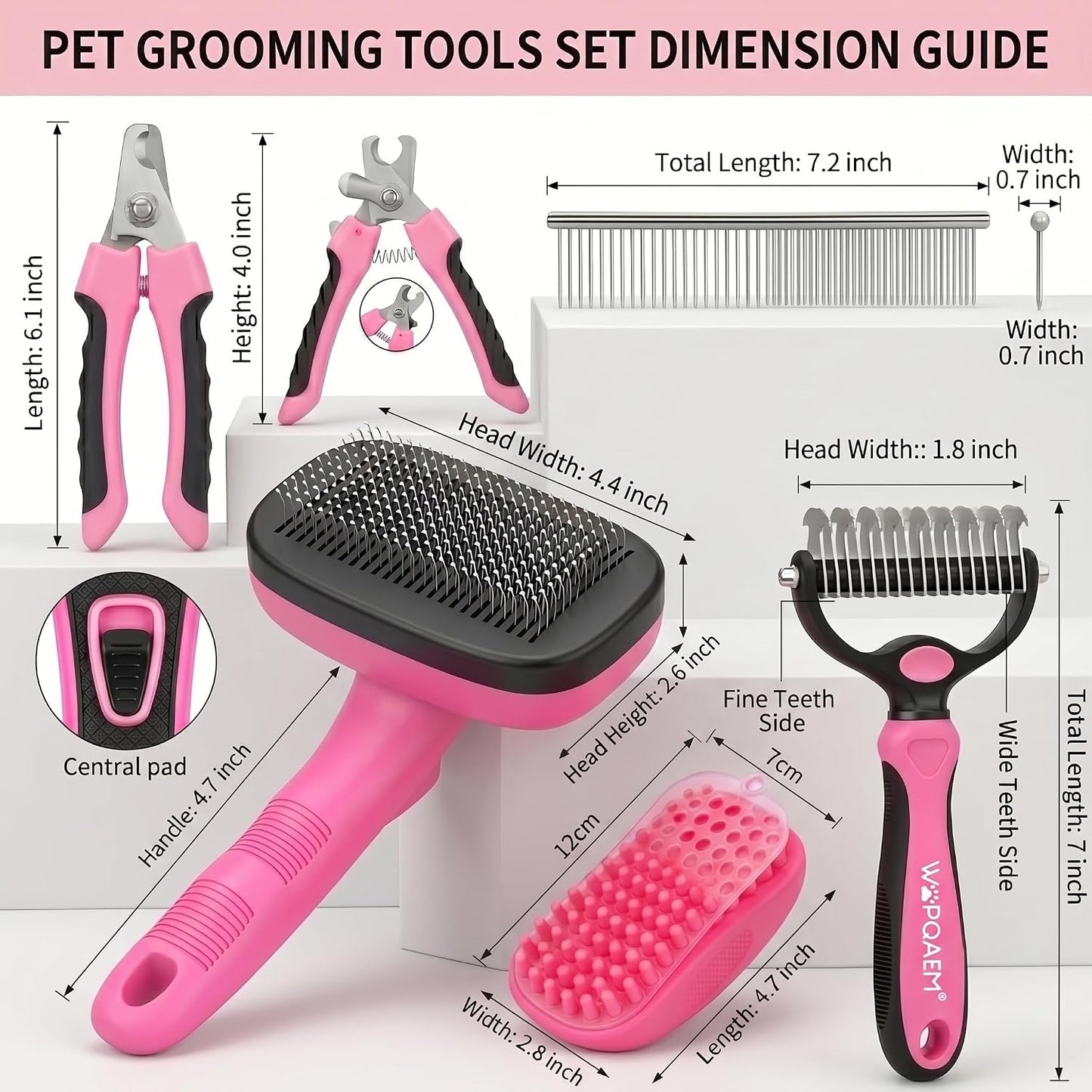 5PCS Self Cleaning Slicker Brush and Dog Grooming Kit, Pink | Deshedding Brush Kit for Dogs & Cats, Ideal for Short Long Hair, Daily Detangling & Cleaning Mats at Home or Travel