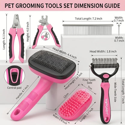 5PCS Self Cleaning Slicker Brush and Dog Grooming Kit, Pink | Deshedding Brush Kit for Dogs & Cats, Ideal for Short Long Hair, Daily Detangling & Cleaning Mats at Home or Travel