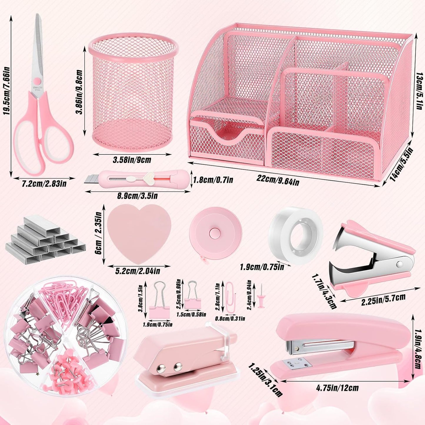 Pink Office Supplies, 12PCS Pink Desk Accessories Set Include Mesh Desk Organizer, Tape Dispenser, Stapler, 1000 Staples, Staple Remover, Pen Holder, Clips Set, Scissors, Sticky Notes for Women