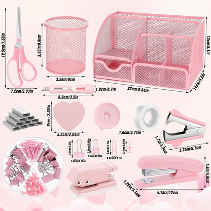 Pink Office Supplies, 12PCS Pink Desk Accessories Set Include Mesh Desk Organizer, Tape Dispenser, Stapler, 1000 Staples, Staple Remover, Pen Holder, Clips Set, Scissors, Sticky Notes for Women