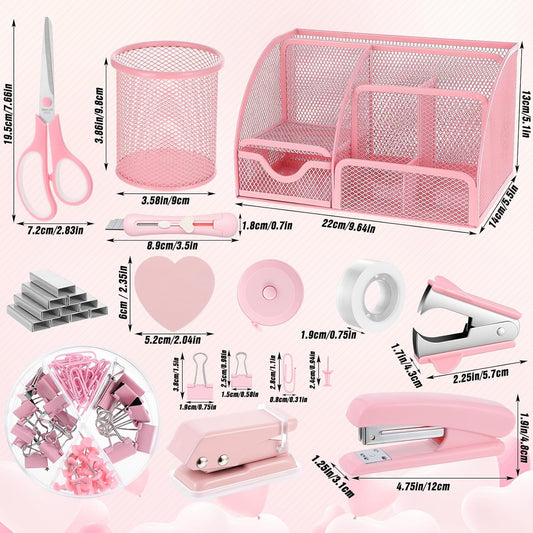 Pink Office Supplies, 12PCS Pink Desk Accessories Set Include Mesh Desk Organizer, Tape Dispenser, Stapler, 1000 Staples, Staple Remover, Pen Holder, Clips Set, Scissors, Sticky Notes for Women