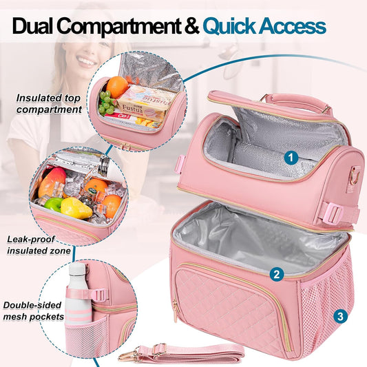 Lunch Bags for Women, Dual Compartment Lunch Box Lunch Bag for Work, Leakproof Lunch Cooler Large Insulated Lunchbox for Adult for Women Men, Lunchbag for Picnic Beach (Pink)
