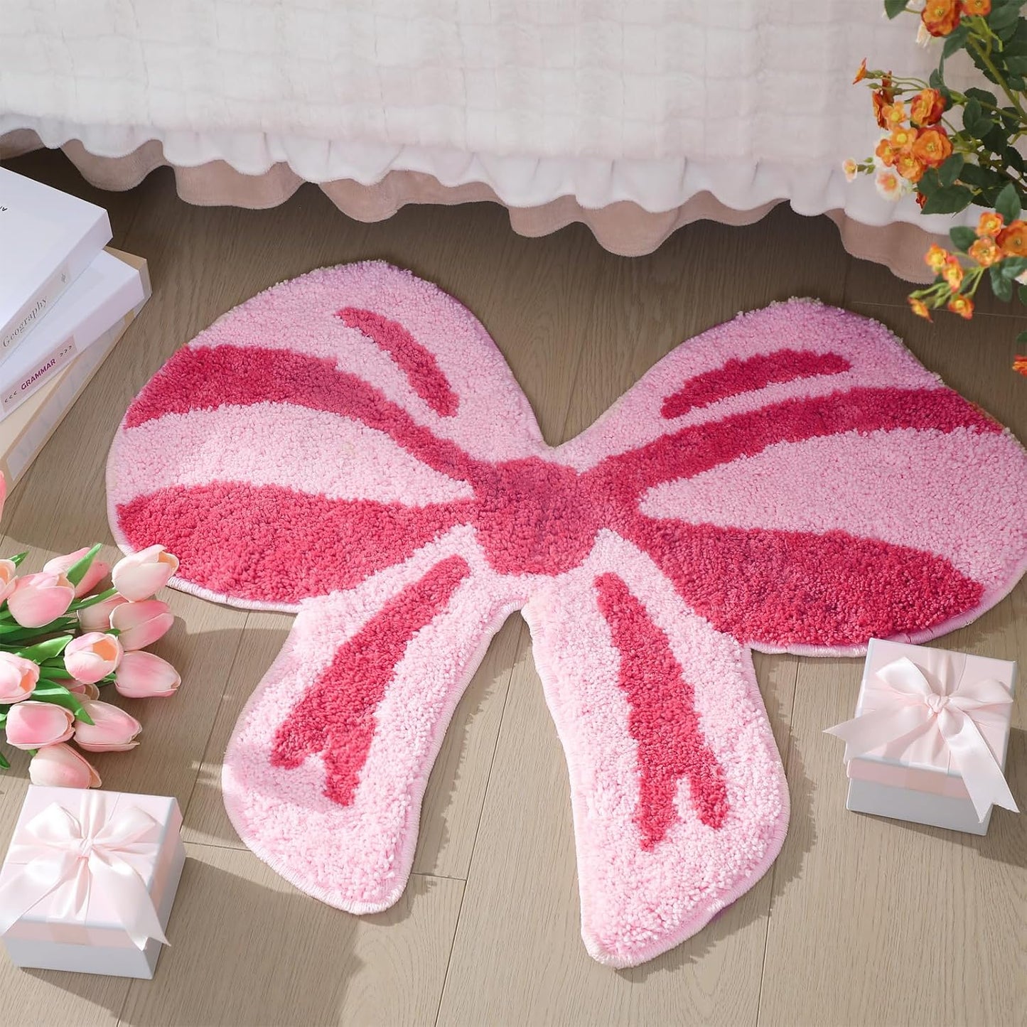 Tinideya Pink Bow Bathroom Mat, 28 x 24 Inch Non Slip Bath Rugs Coquette Bow Bathmat Pink Bowknot Bathroom Rugs Bowknot Shaped Rug Door Welcome Mat for Bathtub Decor Gifts