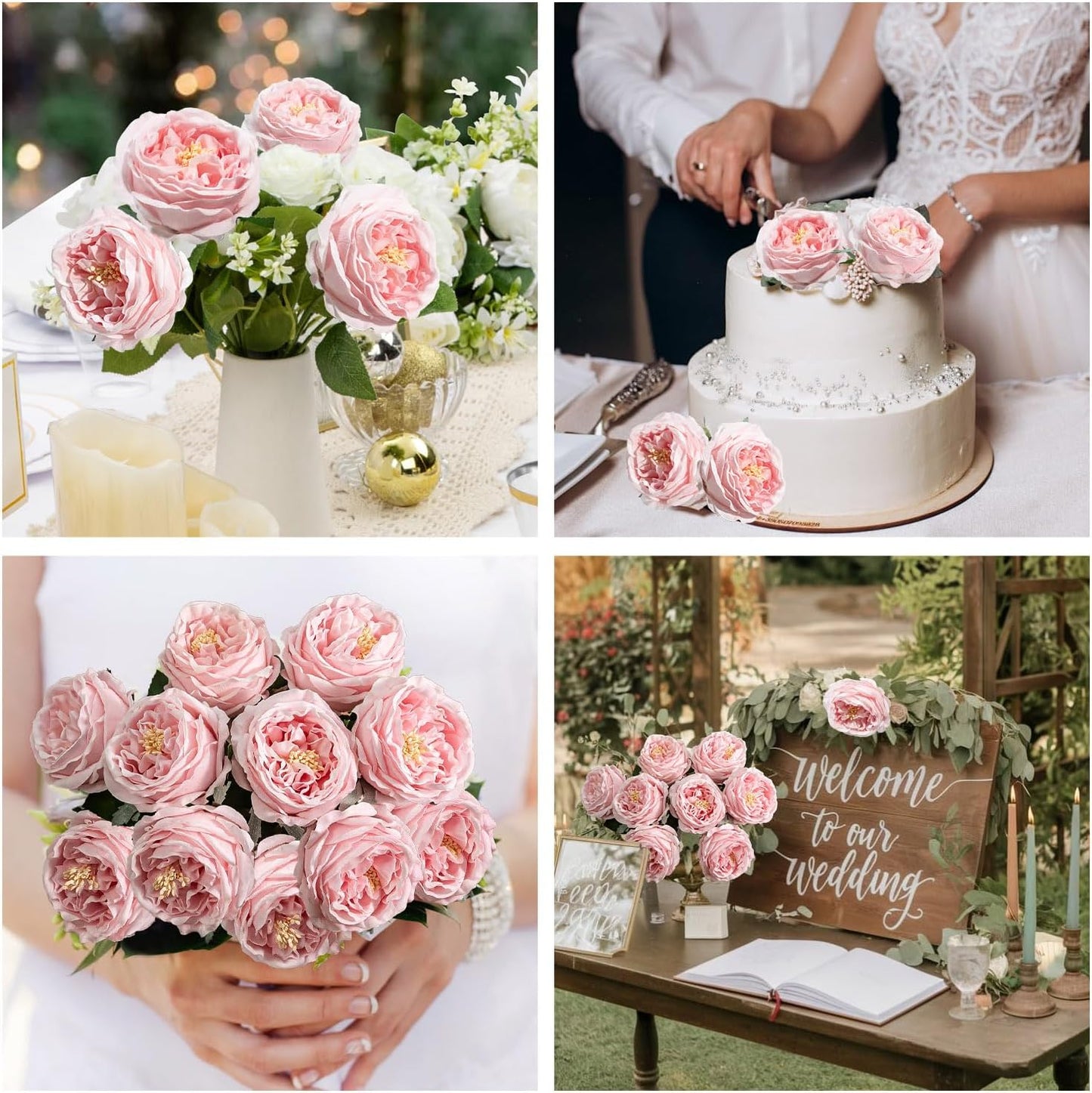 4 Pcs Real Touch Peonies Artificial Flowers, 3.5'' Big Bloom Austin Rose Peony Latex Fake Flower with Stems for Wedding Bouquet Party Valentines Arrangement Home Kitchen (Light Pink)