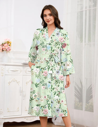 Soft Robes for Women V-Neck Printed Kimono Bathrobe Lightweight Long Bath Robe Casual Loungewear with Pockets