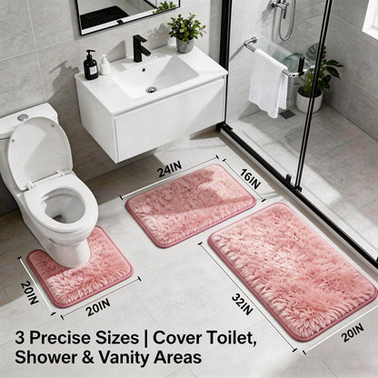 Shaggy Bathroom Rugs Set Plush Velvet Bath Rugs Non-Slip Bath Mat Set 3 Piece,Washable Mats,Absorbent Shaggy Rugs Super Soft U-Shaped Toilet Rug,Bahroom Carpets for Bathroom,Tub,Shower(Light Pink