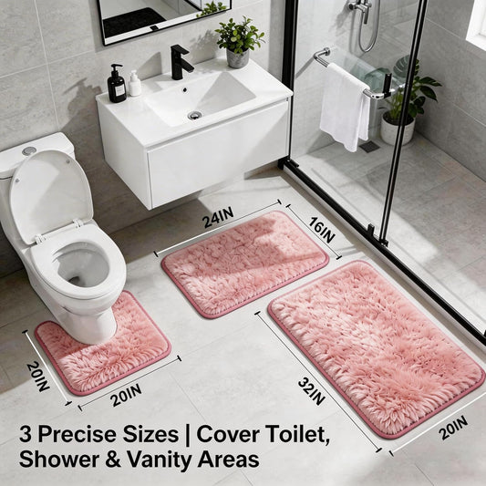 Shaggy Bathroom Rugs Set Plush Velvet Bath Rugs Non-Slip Bath Mat Set 3 Piece,Washable Mats,Absorbent Shaggy Rugs Super Soft U-Shaped Toilet Rug,Bahroom Carpets for Bathroom,Tub,Shower(Light Pink