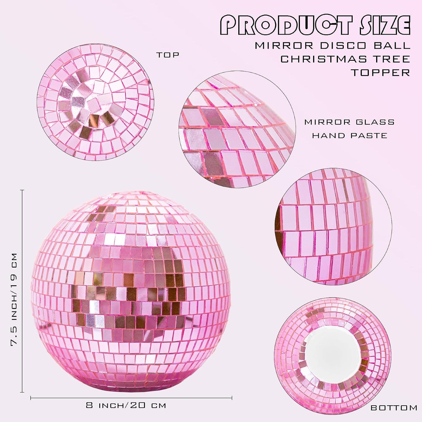Pink Christmas Tree Topper 8 Inch Mirror Disco Ball Tree Topper, Cool and Fun Disco Ball for Xmas Tree Decorations, Ideal for DJ Club, Party, Wedding and Home Décor