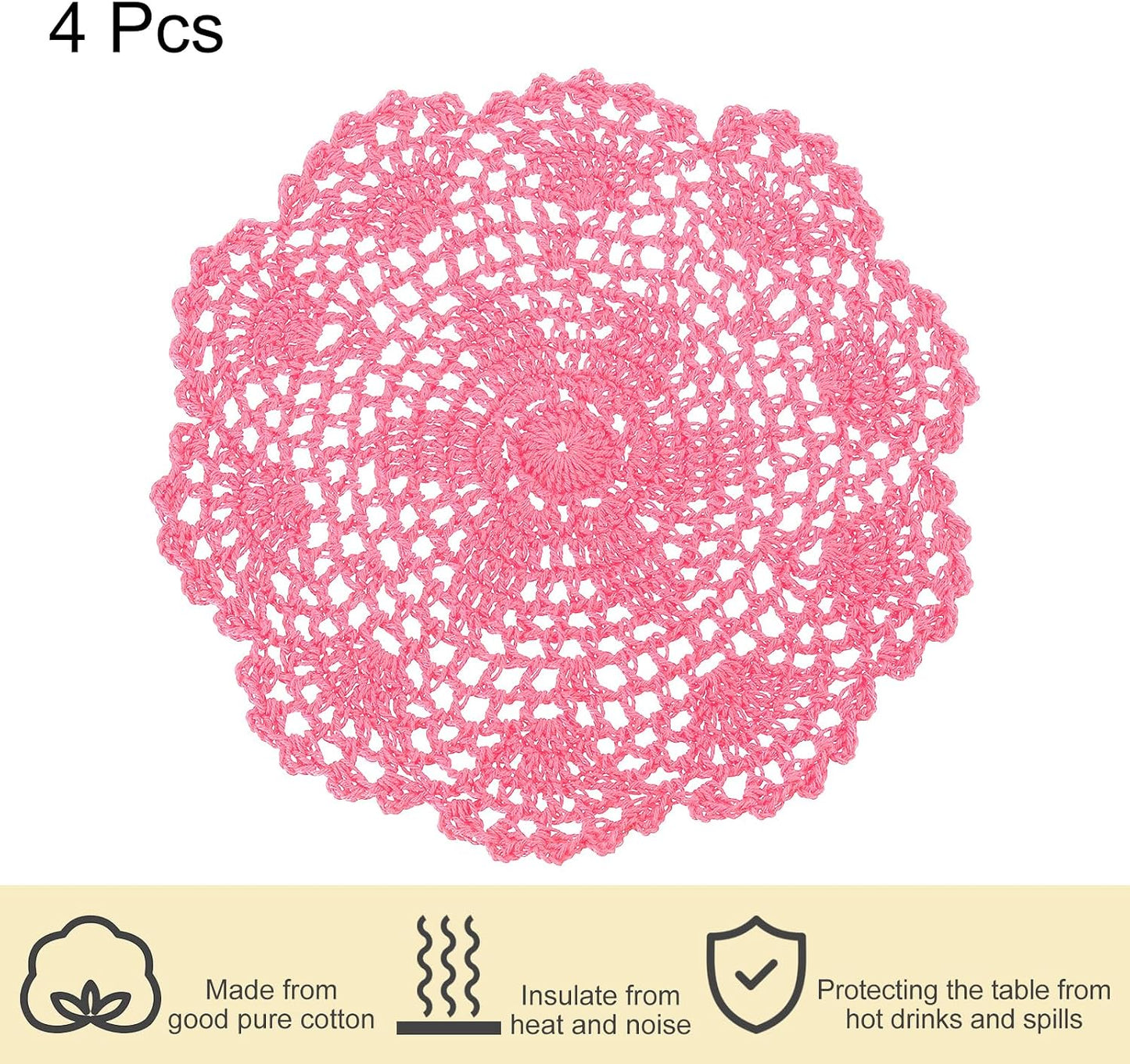 uxcell Lace Doilies, 4pcs 8" - Cotton Woven Round Crochet Coaster, Floral Design Fabric Handmade Placemat for Drink Wedding Party Decoration (Dark Pink)