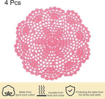 uxcell Lace Doilies, 4pcs 8" - Cotton Woven Round Crochet Coaster, Floral Design Fabric Handmade Placemat for Drink Wedding Party Decoration (Dark Pink)