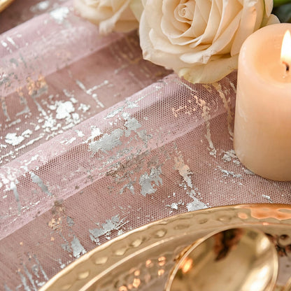 Artoid Mode Pink Silver Gauze Table Runner 120 Inch, Sheer Glitter for Spring, Wedding, Dining, Anniversary, Holiday Party Decor