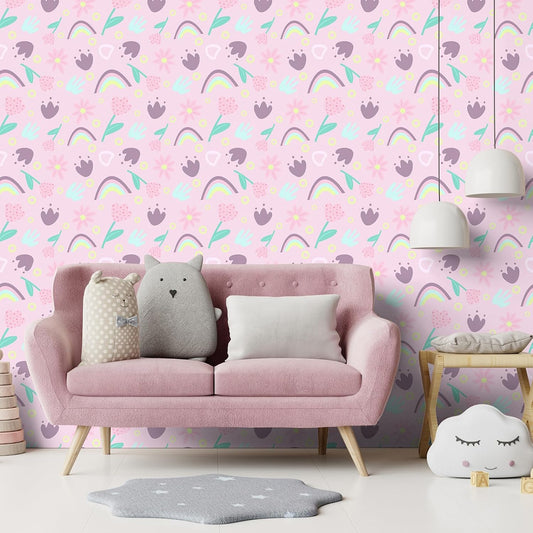 Pink Boho Wallpaper Colorful Rainbow Peel and Stick Wallpaper 12"x100" Cute Dot Print Pink Floral Contact Paper for Girls Bedroom Nursery Removable Wall Paper Kids Room Decorative Vinyl Roll