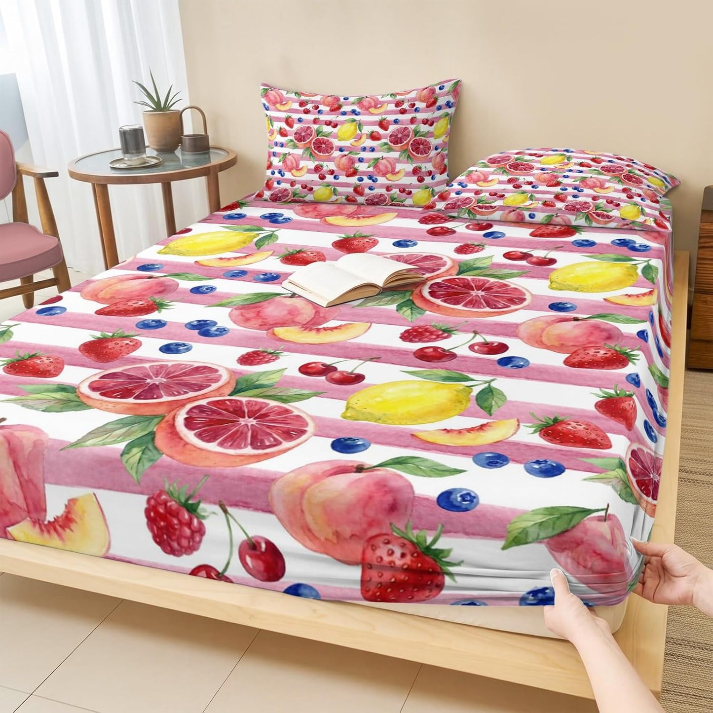 Queen Fitted Sheet Deep Pocket Bed Sheets with Elastic, Summer Peach Lemon Grapefruit Microfiber Bed Sheet Set, Blueberry Strawberry Pink Stripe Decorative Mattress Cover with 2 Pillowcase