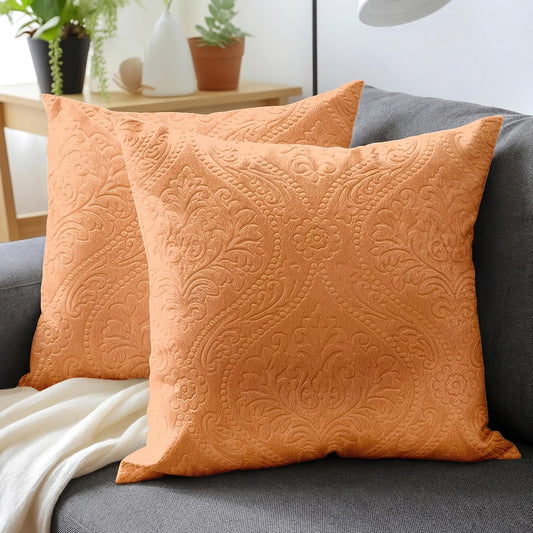Encasa XO Luxury Embossed Velvet Throw Pillow Covers - Plush Cushion Covers for Elegant Living Rooms & Bedrooms, Machine Washable, 18"x18" Peach | Set of 2 | Covers Only No Insert