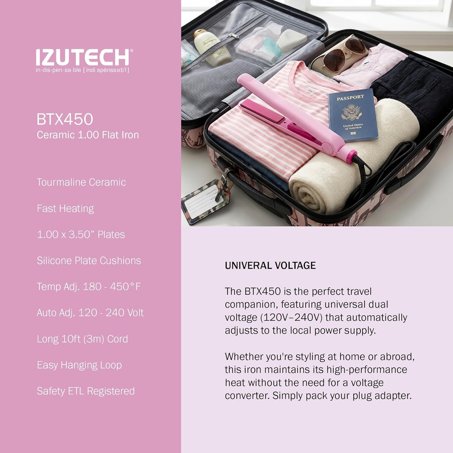 IZUTECH BTX450 1 Inch Tourmaline Ceramic Flat Iron Hair Straightener, Professional Salon Negative Ion Straightener with Adjustable Temperature for All Hair Types, Anti-Frizz High Shine, Pink