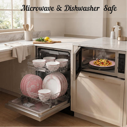 222 Fifth Adelaide Blush 12-Piece Pink Porcelain Dinnerware Set – Service for 4, Big Dinner Plates and Bowls Sets, White with Pink Floral Pattern, for Daily Entertainment, Microwave & Dishwasher Safe