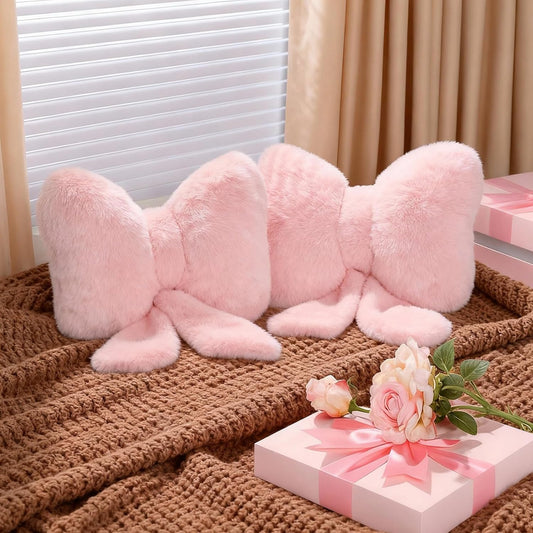 Beeveer 2 Pcs Pink Bow Pillow Faux Fur Throw Pillows Soft Furry Coquette Decorative Cushion Cute Plush Bow Decor for Xmas Girls Home Room Bed Sofa Couch Car Gifts, 8.3 * 10.6 inch