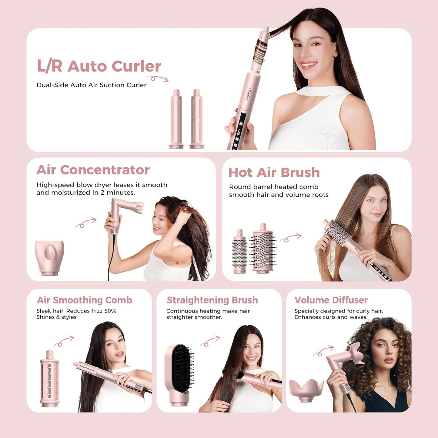 Atopskins 8 in 1 Hair Multi-Styler & Foldable Blow Dryer Brush, 110,000 RPM High-Speed Hot Air Styler with LCD Display, Dual Voltage Travel Blowout Brush with Auto-Wrap Curler, Anti-Frizz, Pink