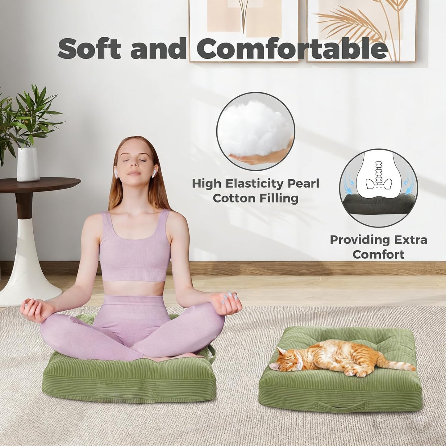 Floor Cushion Pink 18x18 Inch Floor Sitting Cushions 2-Pack, Tufted Corduroy Chair Pads with Handle, Machine Washable for Tatami Living Room Kitchen Seats