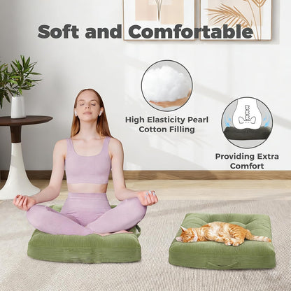 Floor Cushion Pink 18x18 Inch Floor Sitting Cushions 2-Pack, Tufted Corduroy Chair Pads with Handle, Machine Washable for Tatami Living Room Kitchen Seats