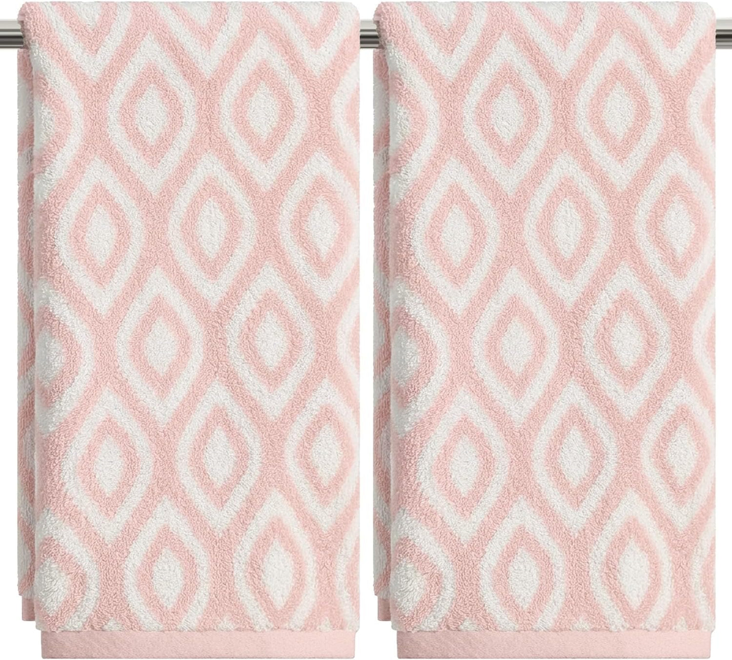 Artoid Mode 2 Pcs Beige Pink Diamond Grid Jacquard Hand Towels for Bathroom, 100% Cotton Soft Absorbent Bathroom Decor Towels, 13.7 x 29.5 Inch