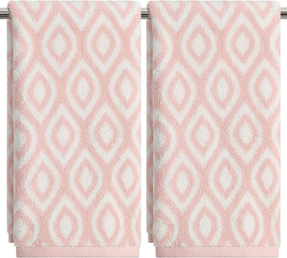 Artoid Mode 2 Pcs Beige Pink Diamond Grid Jacquard Hand Towels for Bathroom, 100% Cotton Soft Absorbent Bathroom Decor Towels, 13.7 x 29.5 Inch
